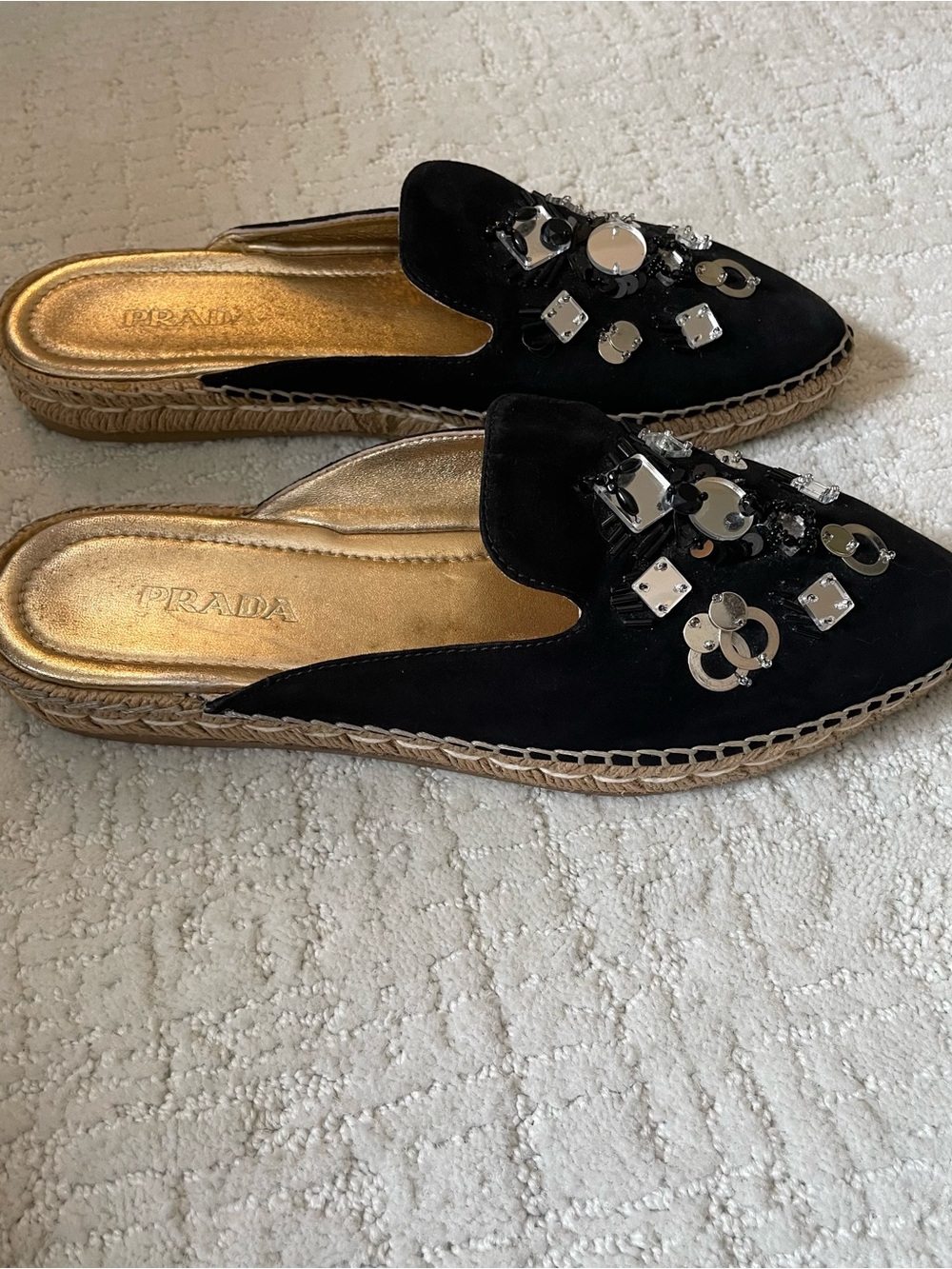 Prada Black Suede Bijou Pointed Toe Mule Shoes Mirror Metallic Accents Summer 10 - Picture 10 of 10